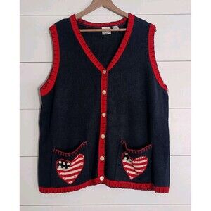 Vintage Americana Heart Knit Sweater Vest Button Front Patriotic 18/20